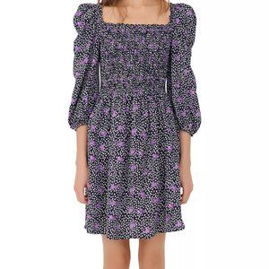 Maje Floral Black Purple Linen Blend Women's Dress Smocked Bodice Puff Sleeve